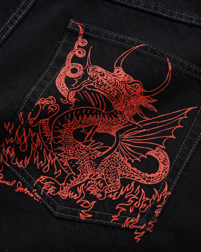 Butter Goods X Daniel Johnston Dragon Denim Shorts - Washed Black | Shop Butter clothing online with Pavement Skate Store - Free Aotearoa NZ shipping over $100*