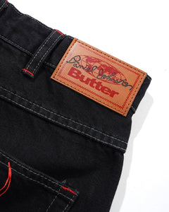 Butter Goods X Daniel Johnston Dragon Denim Shorts - Washed Black | Shop Butter clothing online with Pavement Skate Store - Free Aotearoa NZ shipping over $100*