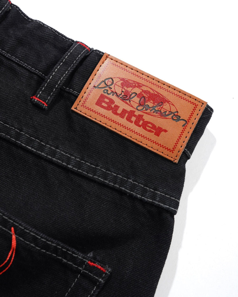 Butter Goods X Daniel Johnston Dragon Denim Shorts - Washed Black | Shop Butter clothing online with Pavement Skate Store - Free Aotearoa NZ shipping over $100*