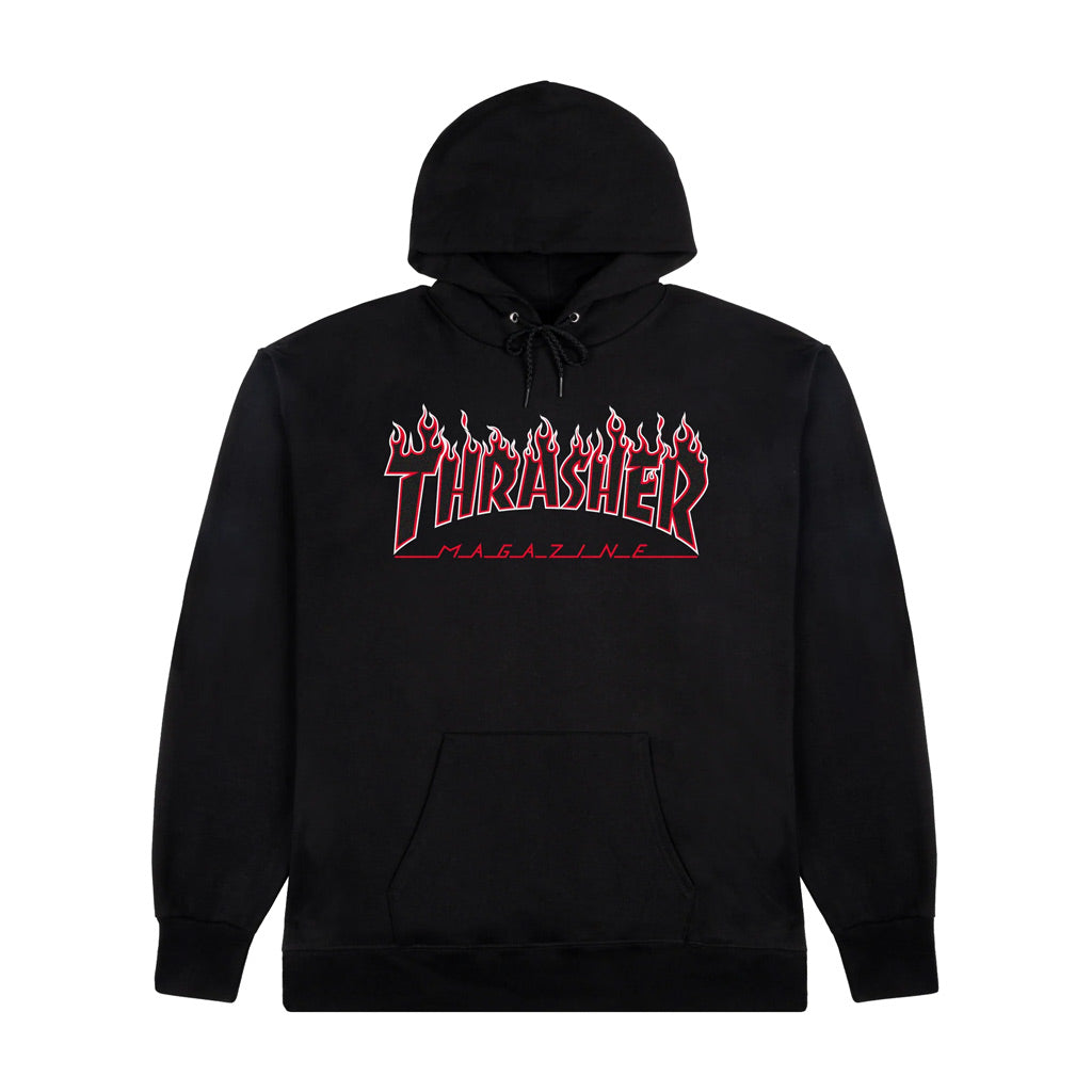 Thrasher Flame Logo Hoody - Black/Red Standard fit hoodie woven from sustainably and fairly grown USA cotton and polyester. Featuring an adjustable drawcord, kangaroo pocket, sewn-in label and finished with artwork at center-chest. 90% Cotton / 10% Polyester. Free NZ shipping. Pavement skate store, Dunedin.