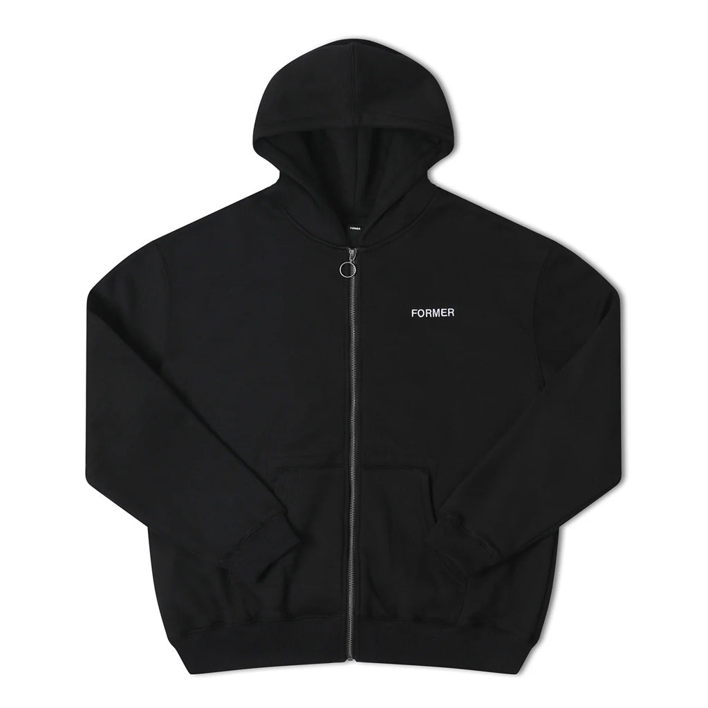 Former Clipping Full Zip Hood - Black. Premium 320gsm cotton faced brushed fleece. 50% cotton 50% poly. Standard Former hood fit. Features front graphics, embroidery and a former metal ring zip. Shop Former clothing online with Pavement Skate Store. Free NZ shipping over $150 - Same day Dunedin delivery - Easy returns.