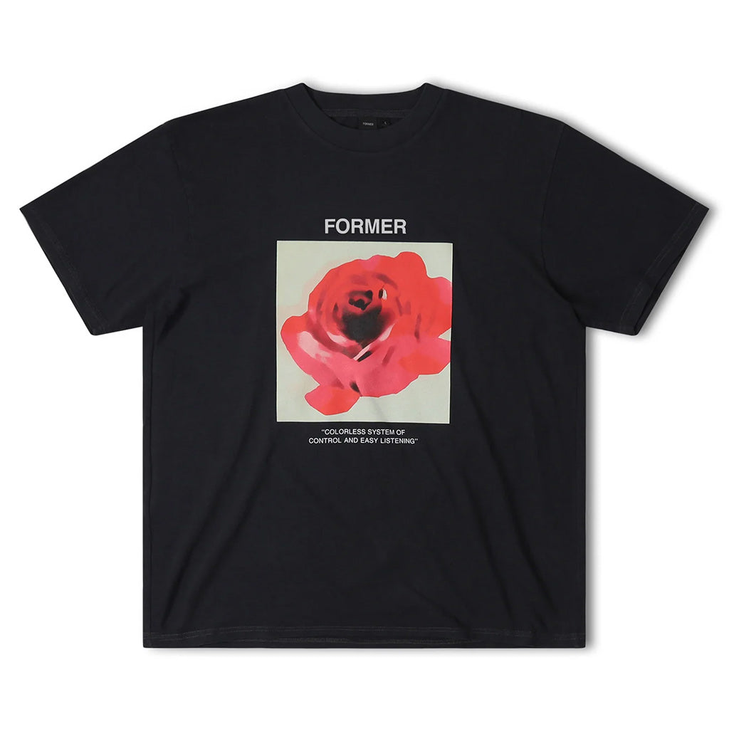 Former Rosette Tee - Black. Featuring art inspired by former founder Craig Anderson. Premium 200gsm jersey cotton. Standard former t-shirt block for a relaxed and comfortable fit. Front graphic in a soft hand plastisol screen print. Shop Former online with Pavement, Dunedin's Skate Store. Free NZ shipping over $150.