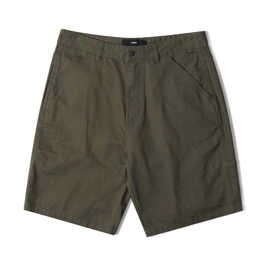 Former Distend Walkshort - Army. Baggy fit walkshort made from 100% cotton herringbone. Features a fixed waist, cargo pocket details, franchise f metal shanks, crux leather patch, and franchise f embroidery. Free NZ shipping on your Former order over $150 with Pavement Skate Shop online.