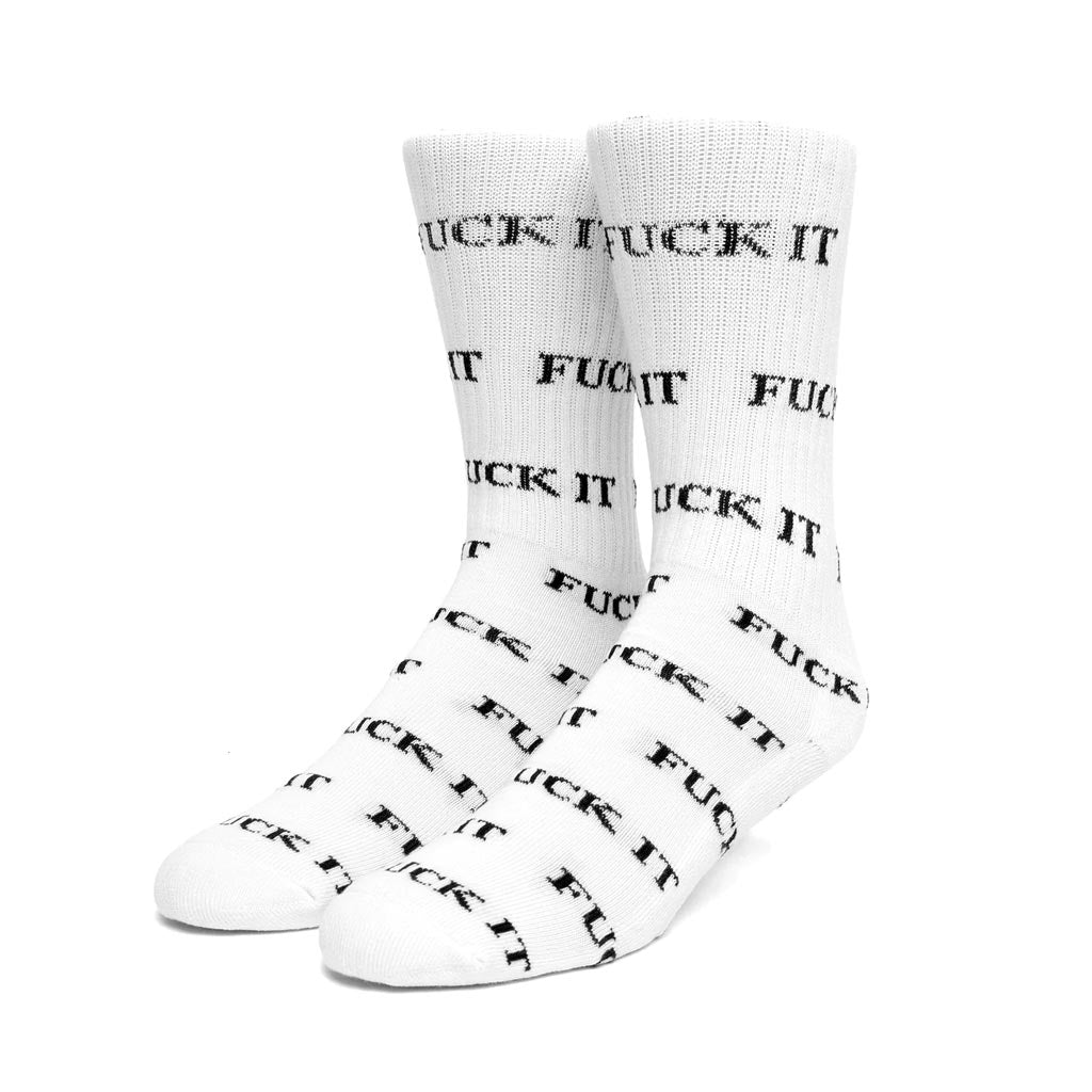 Huf Worldwide Fuck It Socks - White. Cotton/poly blend crew-socks. All-over 'Fuck It' jacquard pattern. Athletic ribbed upper. Cushioned footbed. Reinforced heel and toe. Shop Huf Worldwide online with Pavement. Free, fast NZ shipping over $150, same day Dunedin delivery and easy returns. Pavement skate store, Dunedin.