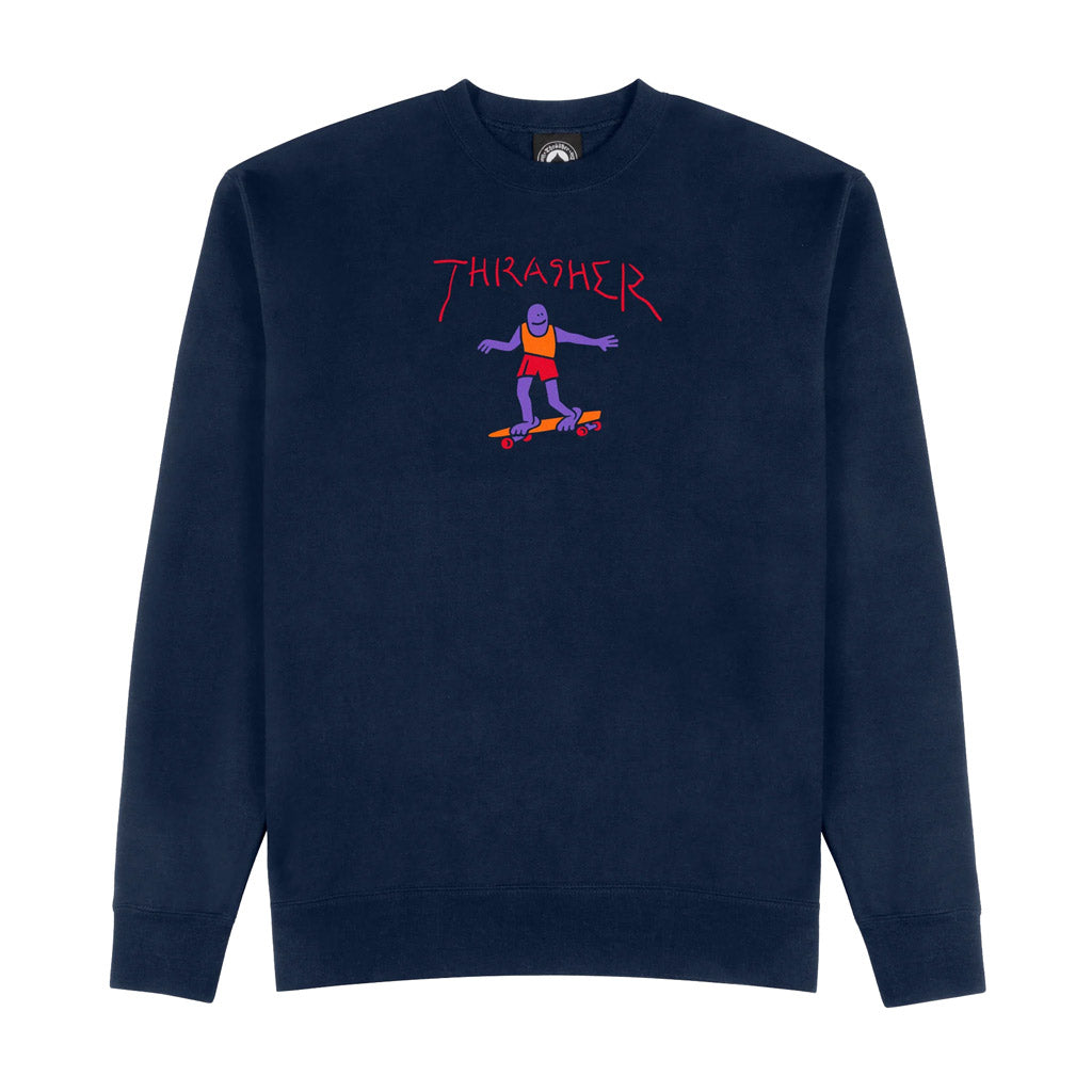 Thrasher Gonz Fill Crew - Navy Standard fit crewneck sweatshirt woven from sustainably and fairly grown USA cotton and polyester. Featuring a sewn-in label and finished with artwork at center-chest. 90% Cotton / 10% Polyester. Free NZ shipping on your Thrasher order over $150. Pavement skate store, Dunedin.