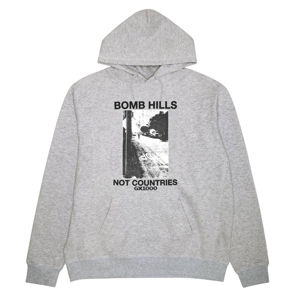 GX1000 Bomb Hills Not Countries Hoody - Heather Grey/Black. SK8 Fit Hoodie. 10oz Jersey Fleece. Screen Printed. 100% Cotton. Shop GX1000 skateboard decks and clothing online with Pavement Skate Store! Free Aotearoa NZ shipping over $100*