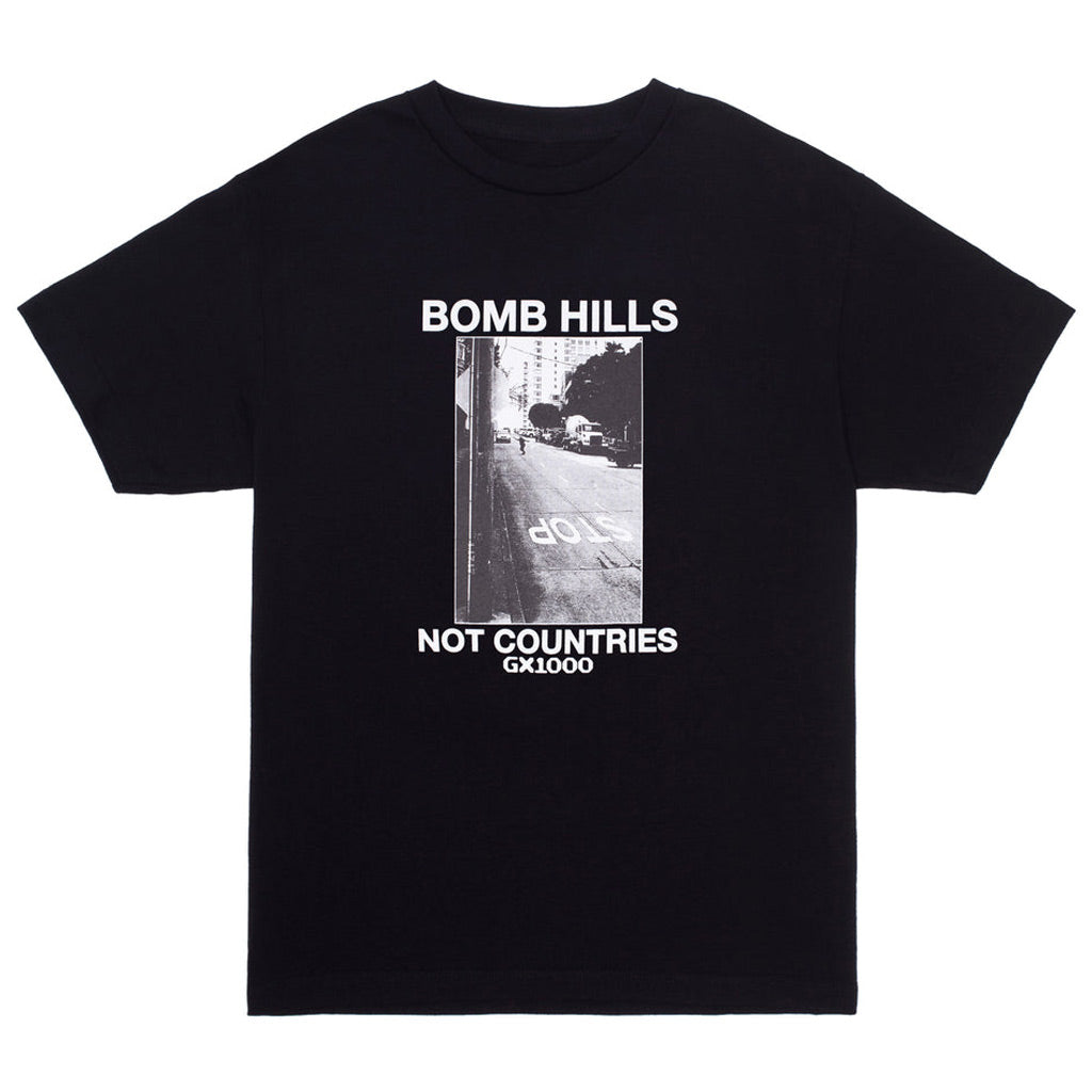 GX1000 Bomb Hills Not Countries Tee - Black/White. Midweight Tee. 100% Cotton. Shop GX1000 skateboard decks and clothing online with Pavement Skate Store! Free Aotearoa NZ shipping over $100*