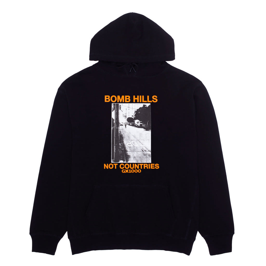 GX1000 Bomb Hills Not Countries Hoody - Black/Orange. SK8 Fit Hoodie. 10oz Jersey Fleece. Screen Printed. 100% Cotton. Shop GX1000 apparel and skateboard decks online with PAVEMENT, Dunedin's skater owned and operated skate store since 2009. Free NZ shipping over $150 - Same day Dunedin delivery - Easy returns.