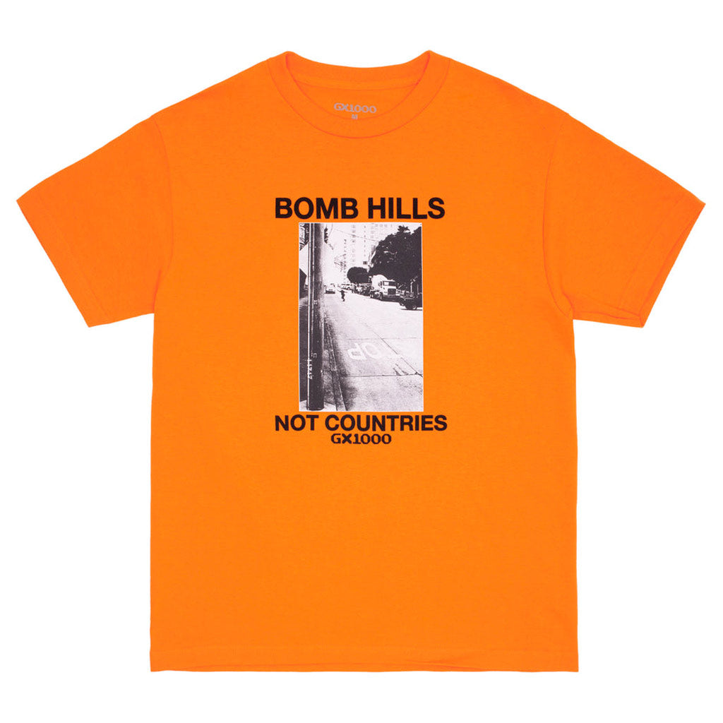 GX1000 Bomb Hills Not Countries Tee - Orange. Mid weight Tee. 100% Cotton. Shop GX1000 skateboard decks, clothing and accessories online with Pavement Skate Store. Free NZ shipping over $150 - Same day Dunedin delivery - Easy returns.