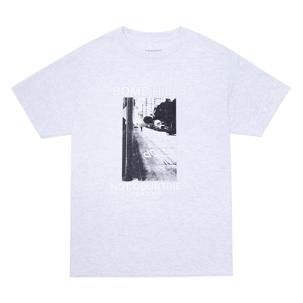 GX1000 Bomb Hills Not Countries Tee - Ash. Midweight Tee. 100% Cotton. Shop GX1000 skateboard decks, apparel and accessories online with Pavement, Dunedin's independent skate store. Free NZ shipping over $150.