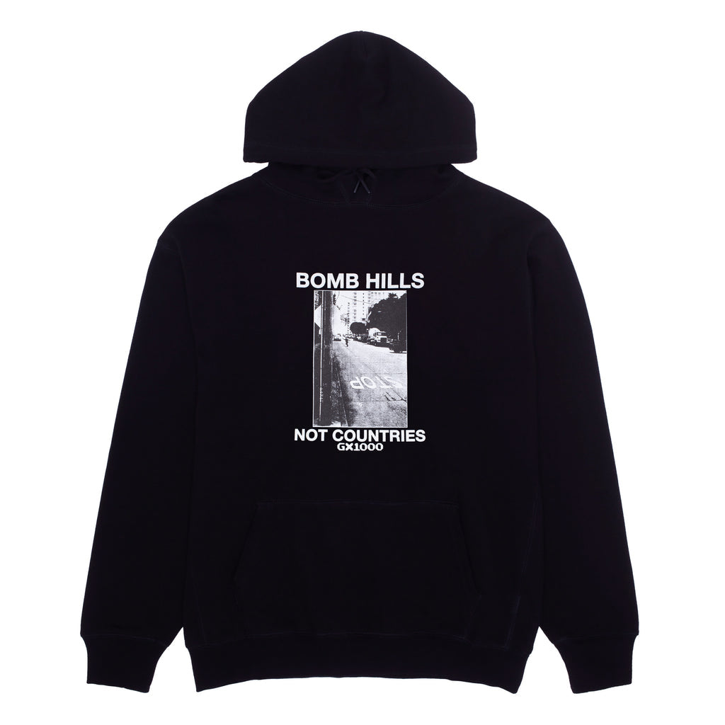 GX1000 Bomb Hills Not Countries Hoody - Black. SK8 Fit Hoodie. 10oz Jersey Fleece. Screen Printed. 100% Cotton. Shop GX1000 unisex clothing and skateboard decks  online with Pavement skate store. Free NZ shipping over $150 - Same day Dunedin delivery - Easy returns.