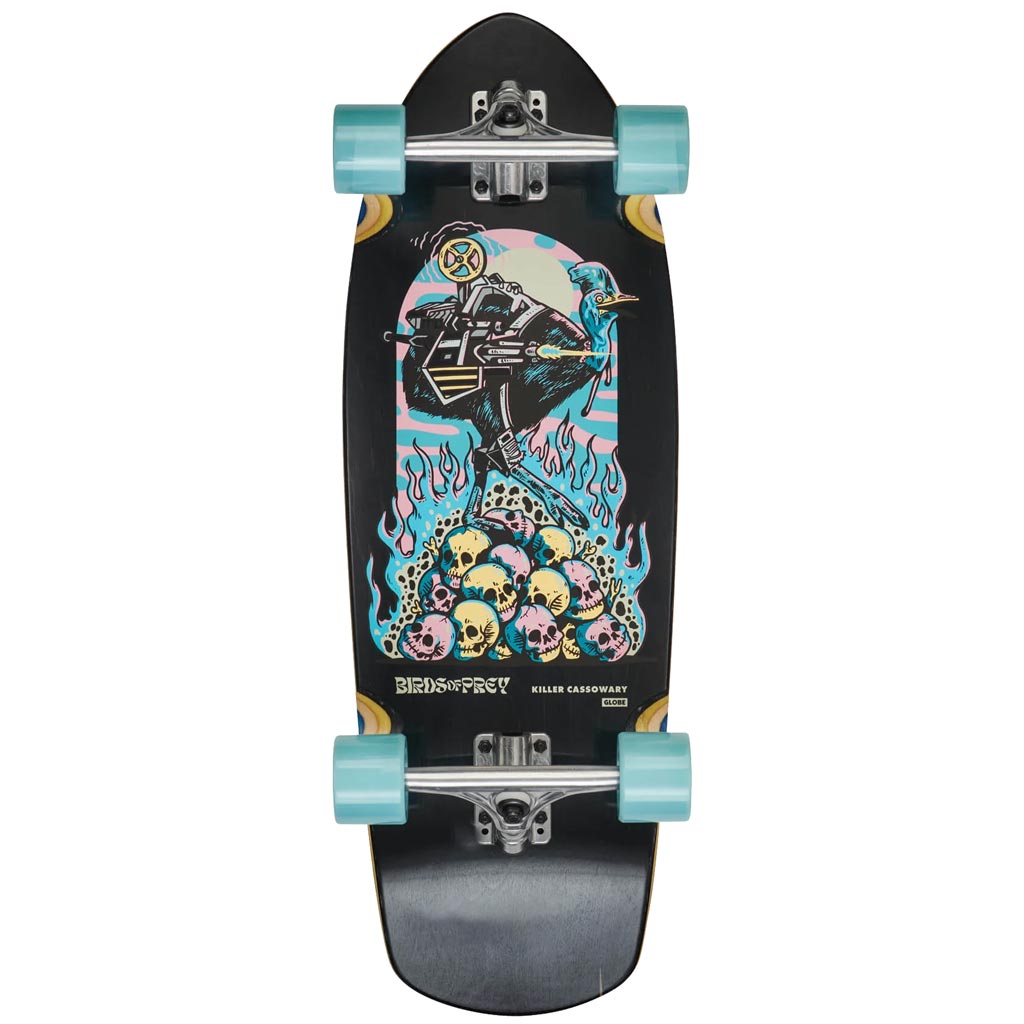 Globe Stubby 30" - Killer Cassowary. Wide, steady platform carving board on tight-turning reverse kingpin trucks. 30" x 10" x 16.25" WB. Featured artist Biffy Brentano. Shop cruiser complete skateboards from Globe, Arbour, Dusters and Sector 9 with Pavement online. Free NZ shipping over $150.