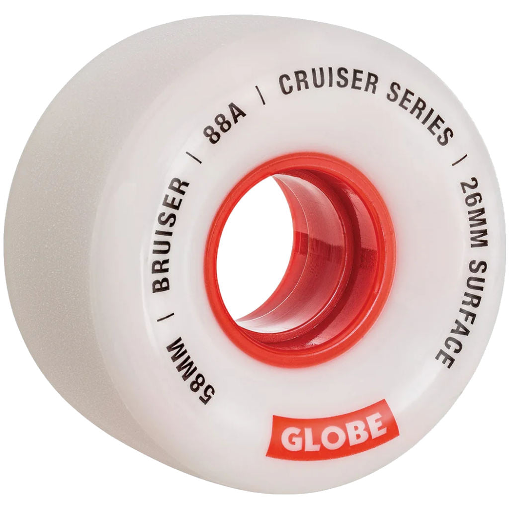 Globe Bruiser Cruiser Wheels White/Red 58mm 88A | Shop Globe Skateboards online with Pavement Skate Store with free Aotearoa NZ shipping over $100*!