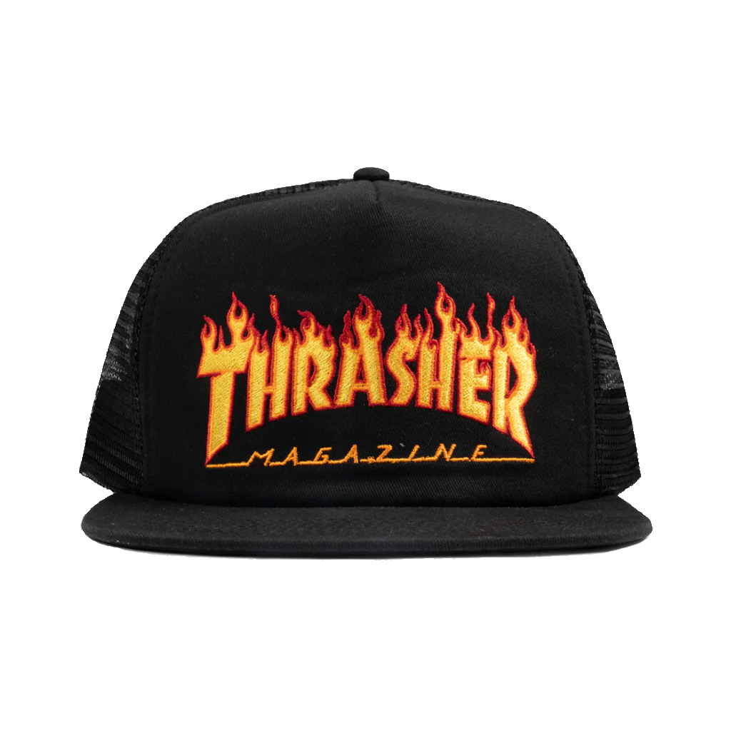 Thrasher Flame EMB Mesh Cap  - Black. Embroidered Flame logo. 60% cotton 40% polyester. Adjustable snapback. Free, fast NZ shipping on orders over $100. Pavement, Dunedin's Independent skate shop since 2009.