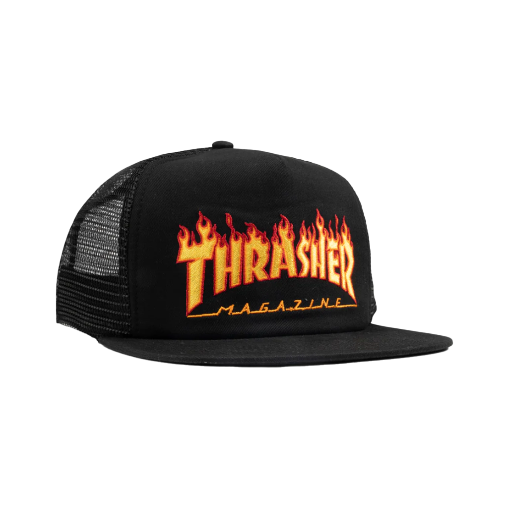 Thrasher Flame EMB Mesh Cap  - Black. Embroidered Flame logo. 60% cotton 40% polyester. Adjustable snapback. Free, fast NZ shipping on orders over $100. Pavement, Dunedin's Independent skate shop since 2009.