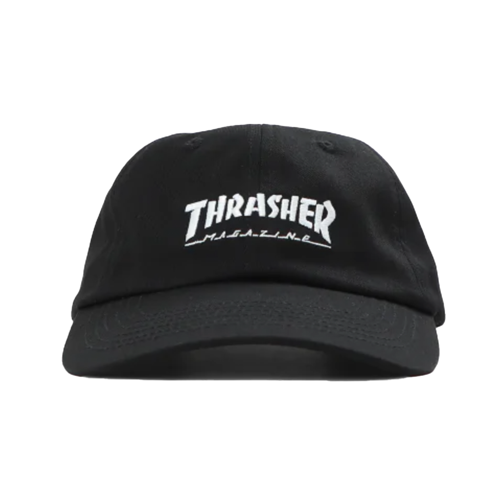 Thrasher Mag Logo Old Timer Cap  - Black. Low profile, Embroidered logo on front. Fabric closure with clasp. Shop Thrasher online and instore. Free NZ shipping when you spend over $100 on your Thrasher order. Afterpay and Laybuy available. Pavement skate store, Dunedin.