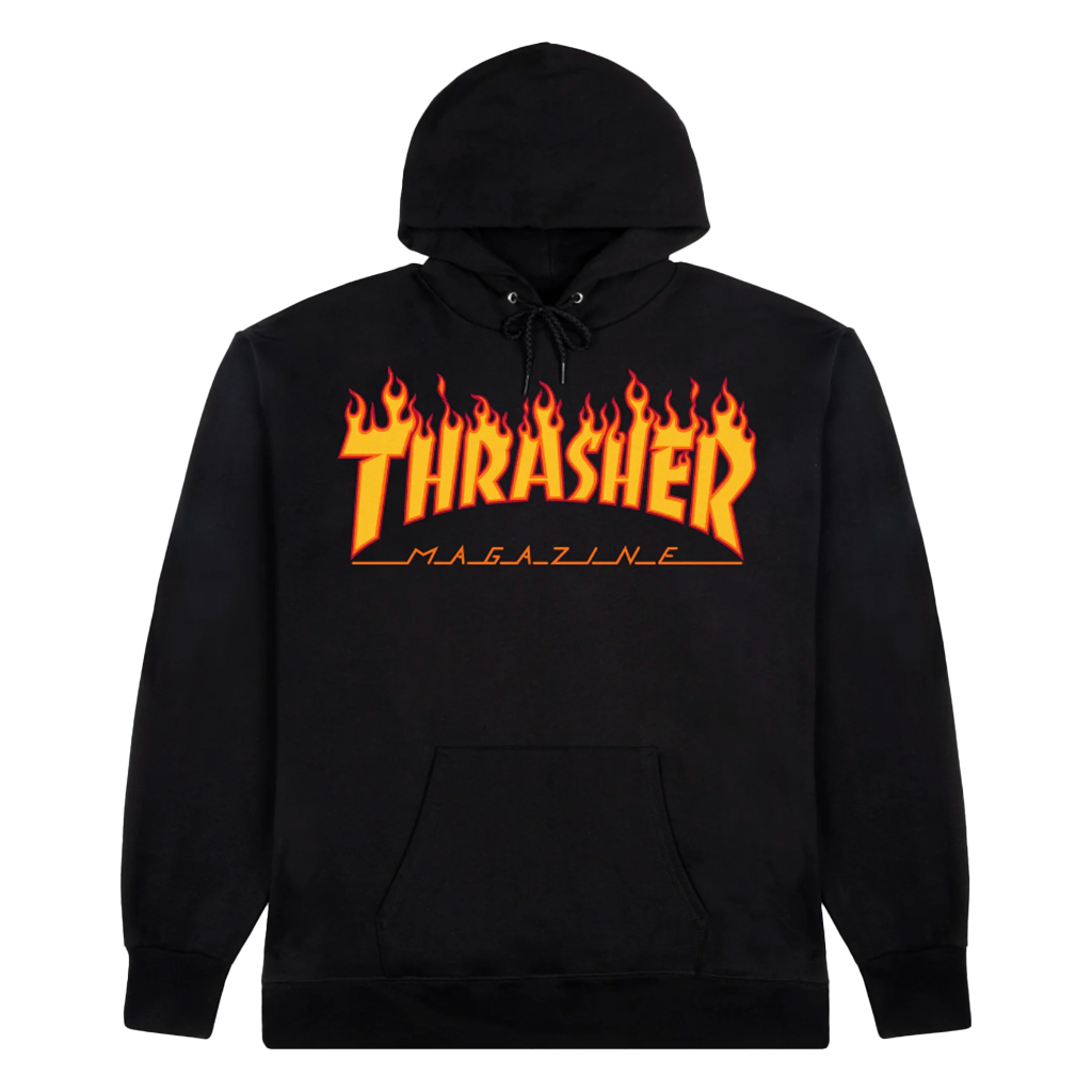 Thrasher Flame Logo Hood  - Black/Yellow. Standard fit hoodie woven from sustainably and fairly grown USA cotton and polyester. Adjustable drawcord with Kangaroo pocket. Free, fast NZ shipping on orders over $100. Pavement, Dunedin's Independent skate shop since 2009.