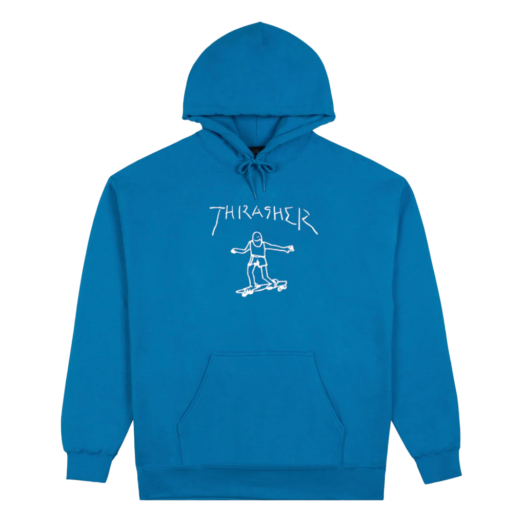 Thrasher Gonz Hood  - Sapphire. Standard fit. Artwork by Mark Gonzales screen printed at center-chest. 50% Cotton / 50% Polyester. Free NZ shipping when you spend over $100 on your Thrasher order. Pavement, Dunedin's locally owned and operated skate store. 