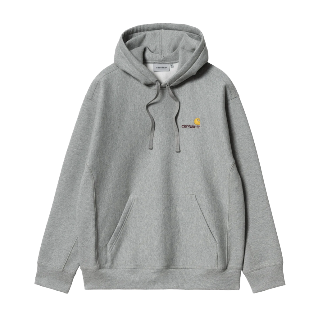 Carhartt WIP Hooded American Script Sweat  - Grey Heather. 80/20% Cotton/Polyester Sweat. Loose fit, adjustable hood. Kangaroo pocket with American script embroidery. Shop Carthartt WIP with free NZ shipping over $100. Pavement skate shop, Dunedin.