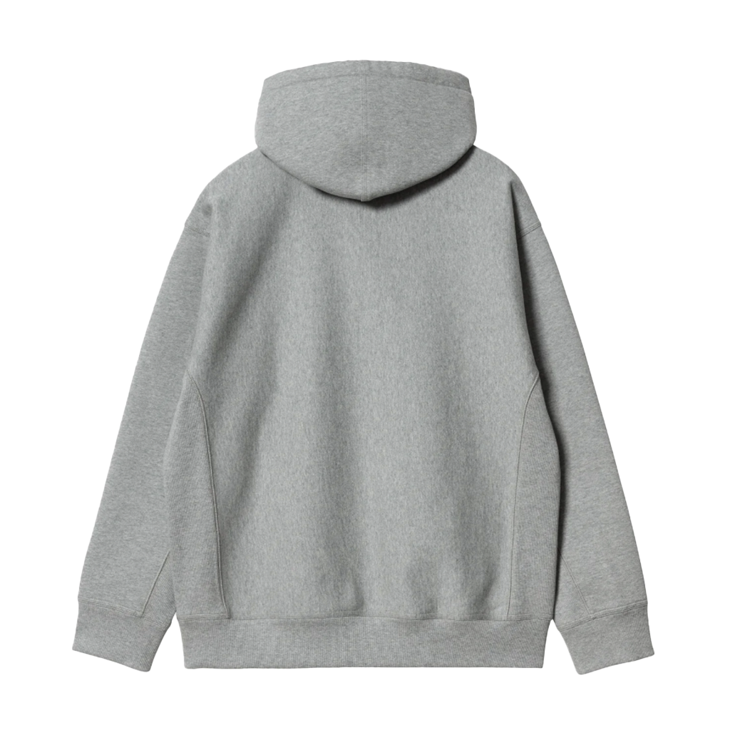 Carhartt WIP Hooded American Script Sweat  - Grey Heather. 80/20% Cotton/Polyester Sweat. Loose fit, adjustable hood. Kangaroo pocket with American script embroidery. Shop Carthartt WIP with free NZ shipping over $100. Pavement skate shop, Dunedin.