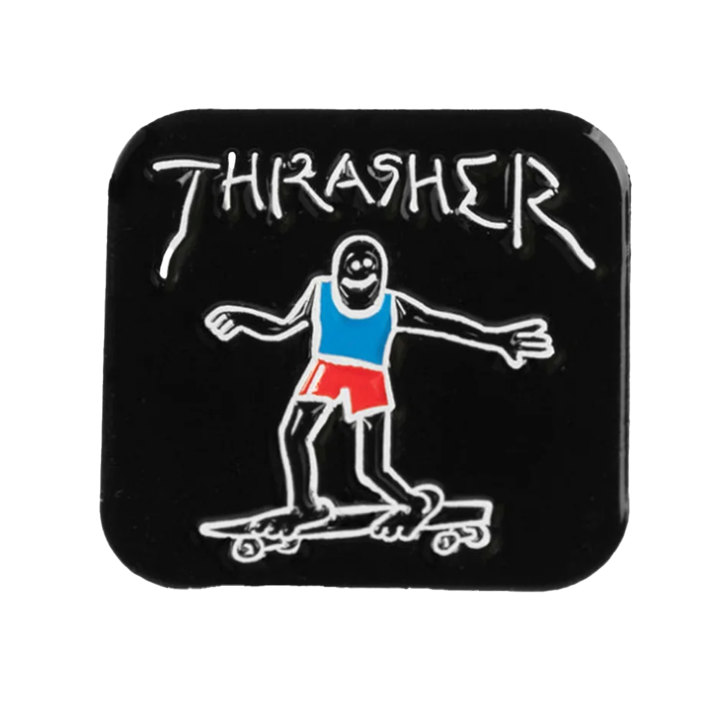 Thrasher Gonz Label Pin  - Black. Soft enamel pin featuring a multi colour Gonz logo. Shop more from Thrasher online and instore. Free, fast NZ shipping on orders over $100. Pavement, Dunedin's Independent skate shop since 2009.