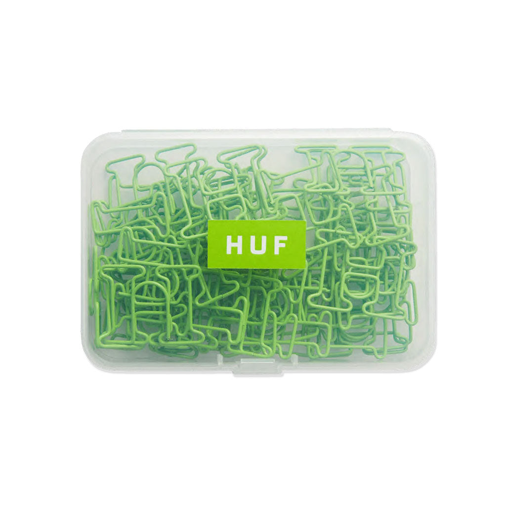 Huf Paper Clips - Huf Green. 100% Iron. The perfect desktop companion. Custom shaped paper clips. Custom reusable case. Shop HUF Worldwide clothing, accessories and headwear. Free, fast NZ shipping over $100. Pavement skate shop, Dunedin.