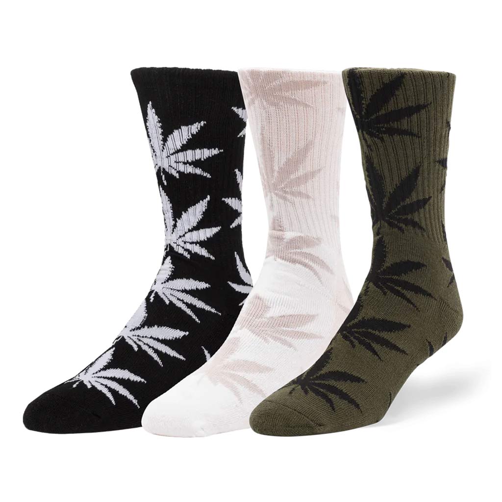 Huf Set 3 Pack Plantlife Socks - Black/White/Oatmeal • 3 Pairs Of Cotton/Poly Blend Crew Socks • Huf Plantlife™ Leaves All-Over Jacquard-Knit Pattern • One Size Fits Most.