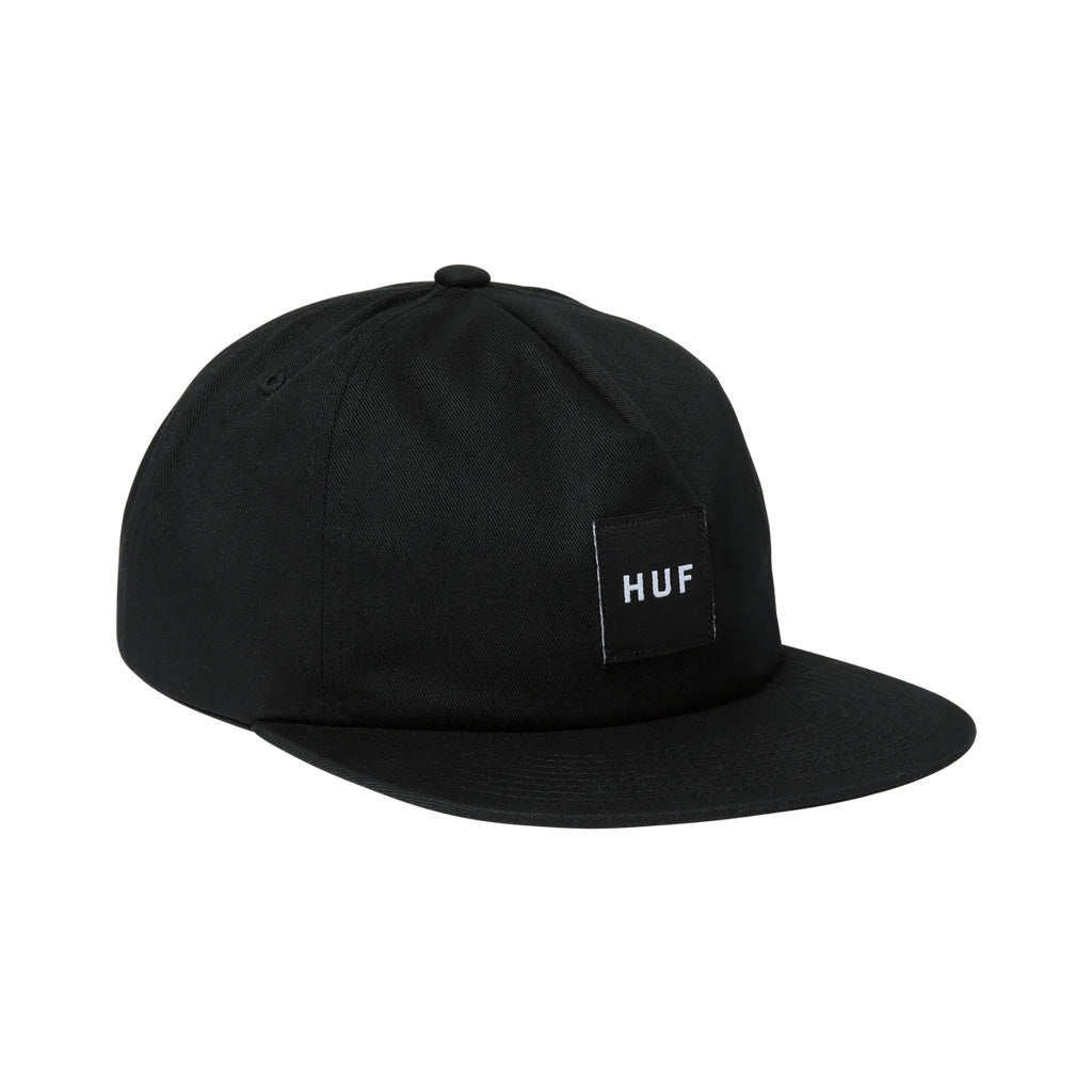 HUF Set Box Snapback - Black. 100% Cotton Twill 5-Panel Unstructured Snapback Hat. Woven ‘HUF Box Logo' Label At Front Crown. Adjustable Plastic Snap Closure .Embroidered Eyelets For Ventilation. Woven Huf Label At Back.