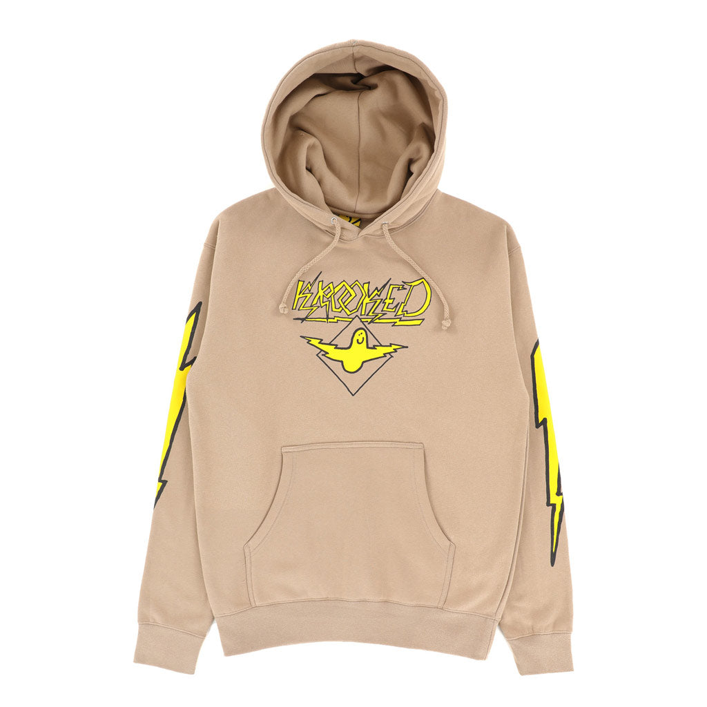 Krooked Bird Lightening Sleeve Hoody - Sandstone/Yellow/Black. 70% cotton/30% polyester. Regular fit. Screen print to chest and arms. Free NZ shipping. Shop Krooked skateboards, clothing and accessories online with Pavement skate store, Dunedin.