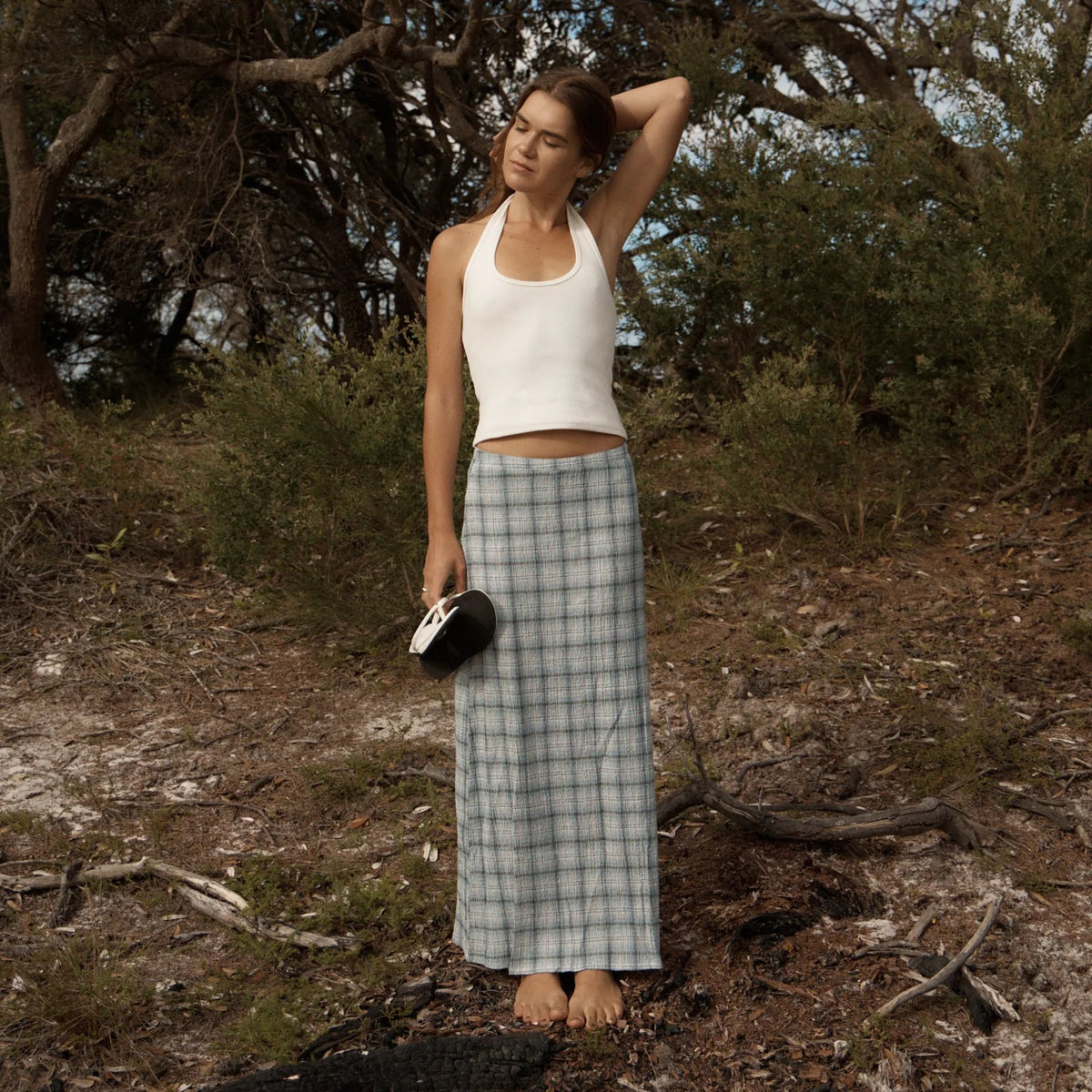 AFENDS LAGOON SEERSUCKER MAXI SKIRT - OVERCAST CHECK