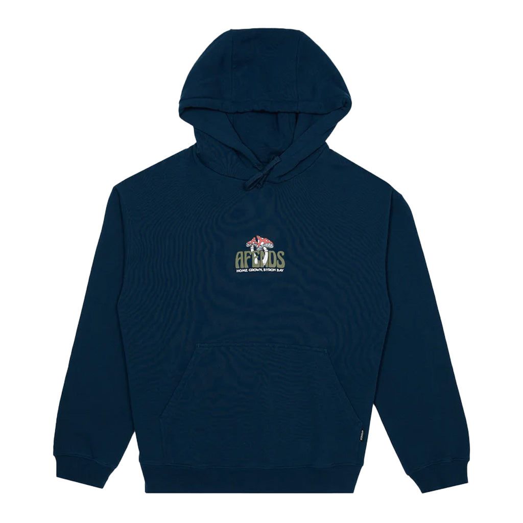 Afends Let It Grow Hoody - Navy. Oversized Fit. Size Down For Regular Fit. Printed Chest Artwork. 50% Recycled Cotton 50% Cotton Brushed Dry Fleece Heavyweight, 320gsm. Shop Afends online with Pavement with free NZ shipping over $150, same day Dunedin delivery and easy returns.