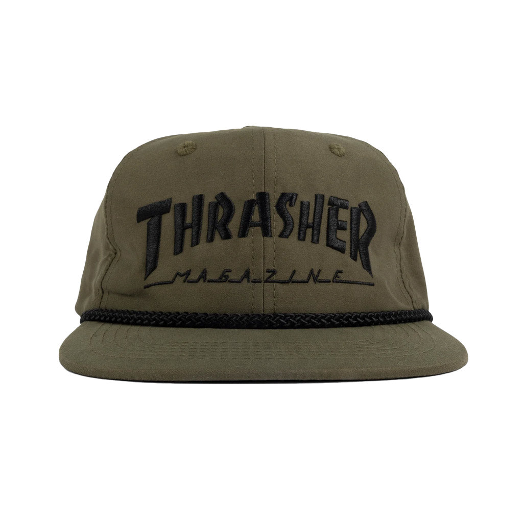 Thrasher Rope Snapback - Olive/Black. Shallow crown rope snapback hat. Featuring a sewn-in label and finished with embroidered artwork at center. 100% Cotton.