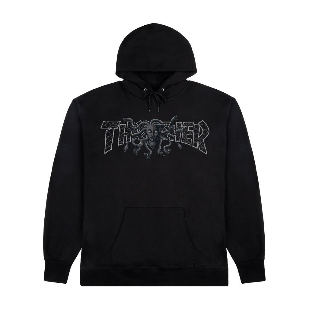Thrasher Medusa Hood - Black. Standard fit hoodie. Featuring an adjustable drawcord, kangaroo pocket, sewn-in label and finished with artwork at chest. 50% Cotton / 50% Polyester. Free, fast NZ shipping - Same day Dunedin delivery. Shop Thrasher online with Pavement skate store, Dunedin.
