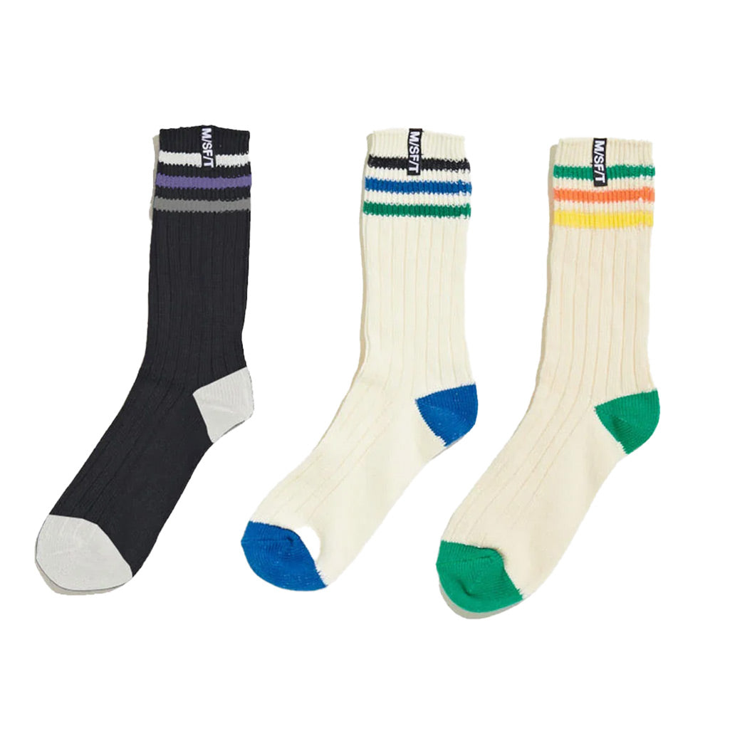 Misfit Organic Mix Stripe Sock 3Pack - Multi. Jacquard stripes and box logo. Knit from an organic cotton yarn. 3 pack of crew socks.