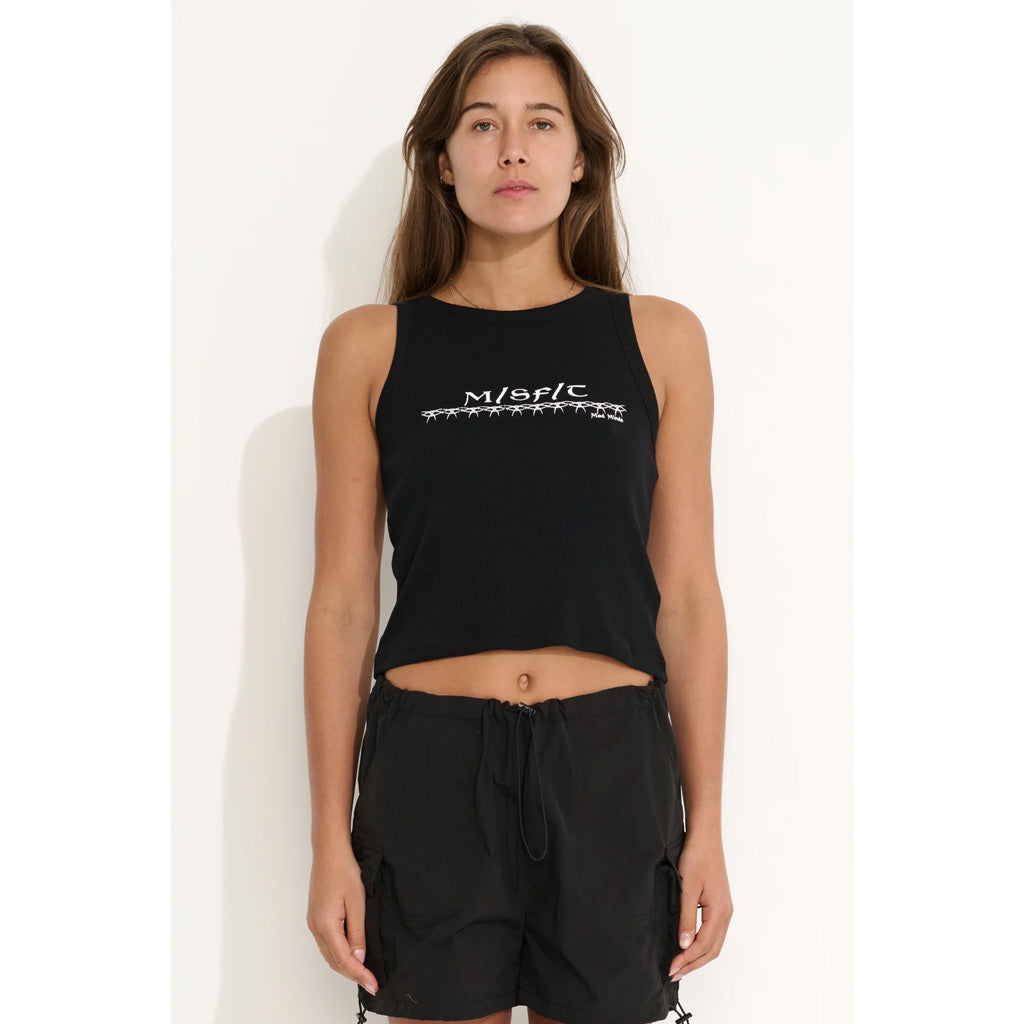 Misfit Barbed Tank - Black. 1x1 Cotton rib fitted tank featuring chunky neck & armhole binding with front chest print. Made from 100% Cotton Rib. Shop Misfit women's clothing and accessories with Pavement online. Free, fast NZ shipping over $150.
