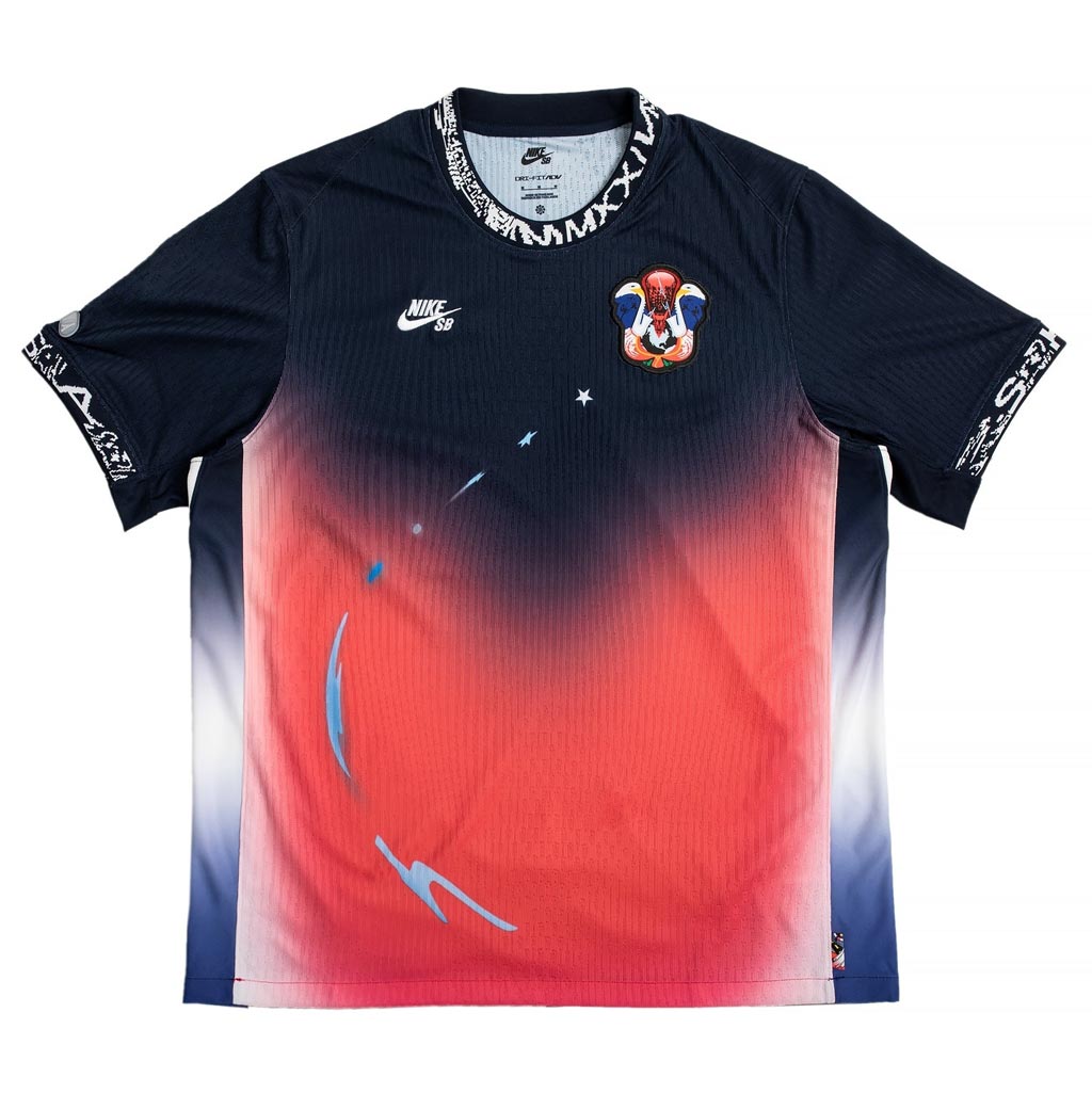 Nike SB Dri-Fit Adv Short Sleeve Skate Jersey - Obsidian/Bright Crimson/White. Designed by Alexis Sablone. .Style: FZ4066-451.