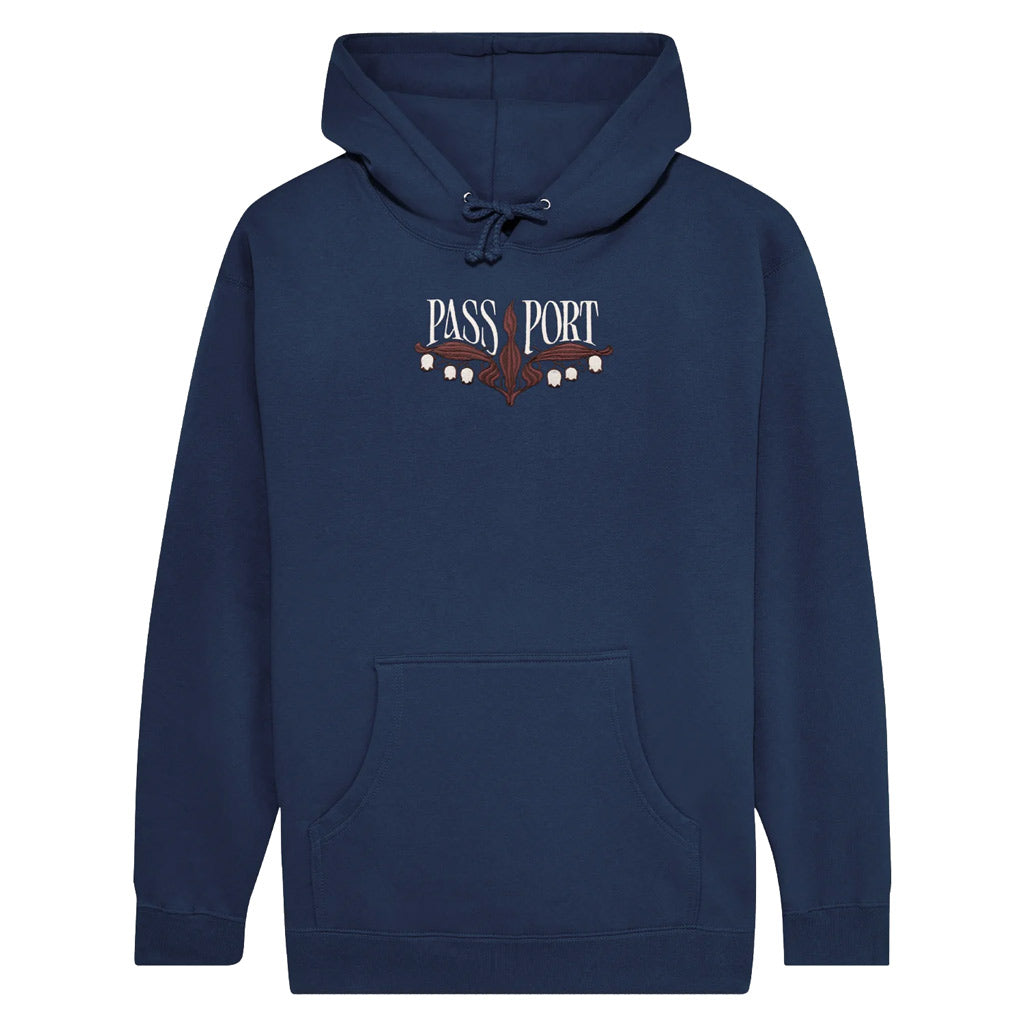 Pass~Port Lily Of The Valley Hoodie - Navy. Range #43. The Pass~Port jumper is made from a cotton polyester blend and features embroidery on front in our classic hoodie fit. Shop Pass~Port skateboard decks, clothing and accessories online with Pavement Skate Store Dunedin NZ. Free shipping across Aotearoa over $100*