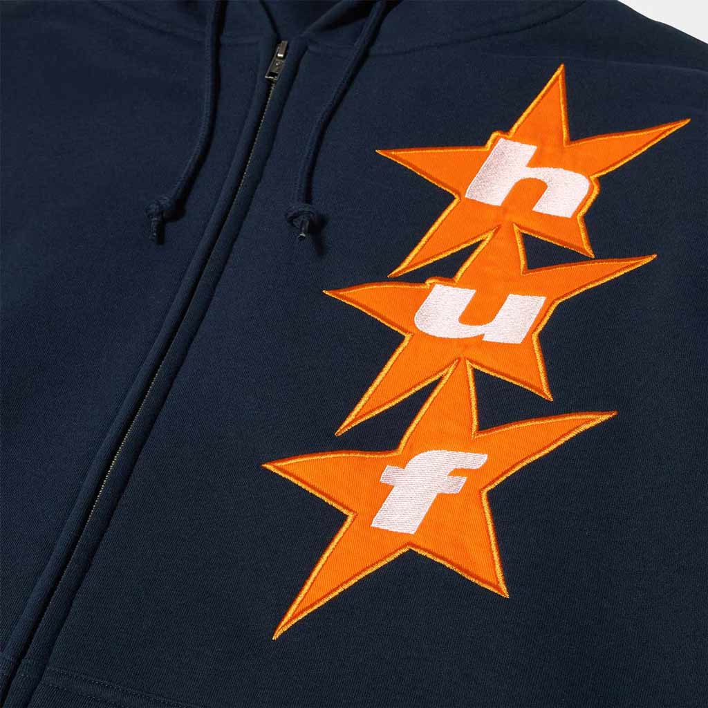 Huf Worldwide All Star Full Zip Hoodie - Navy. The All Star F/Z Hoodie is a cotton-poly full zip hoodie with twill appliqué artwork. 80/20 cotton-poly 330gm. Free NZ shipping - Same day Dunedin delivery. Shop HUF Worldwide with Dunedin's independent skate store, Pavement.