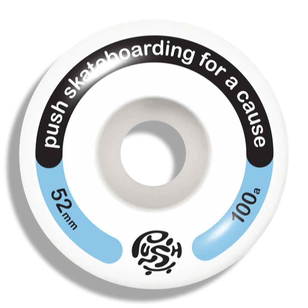 Skateboard wheel with 'push skateboarding for a cause' text on a white background