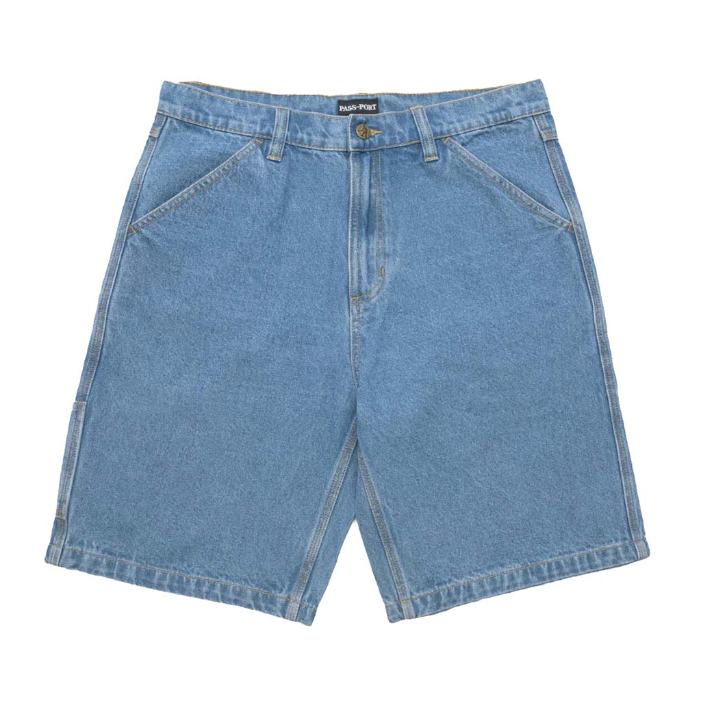 Passport Workers Club Shorts - Washed Light Indigo. 100% Cotton 16oz Rigid Denim. Gold triple stitch construction. Relaxed fit. Faux leather label on waist. 5 Pockets. Digger embroidery on back. Free NZ shipping. Shop Pass~Port jorts and skateboard decks with Pavement online.