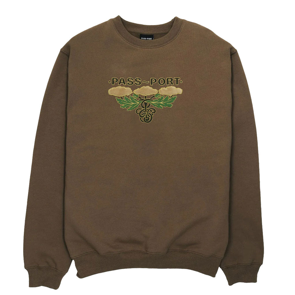 Pass~Port Emblem Appliqué Sweater - Chocolate. Embroidery with felt appliqué. Relaxed fit. Cuffed waist and sleeves. 70% Cotton / 30% Polyester. Free, fast NZ shipping. Shop range #38 from Pass~Port online now. Pavement skate shop, Dunedin.