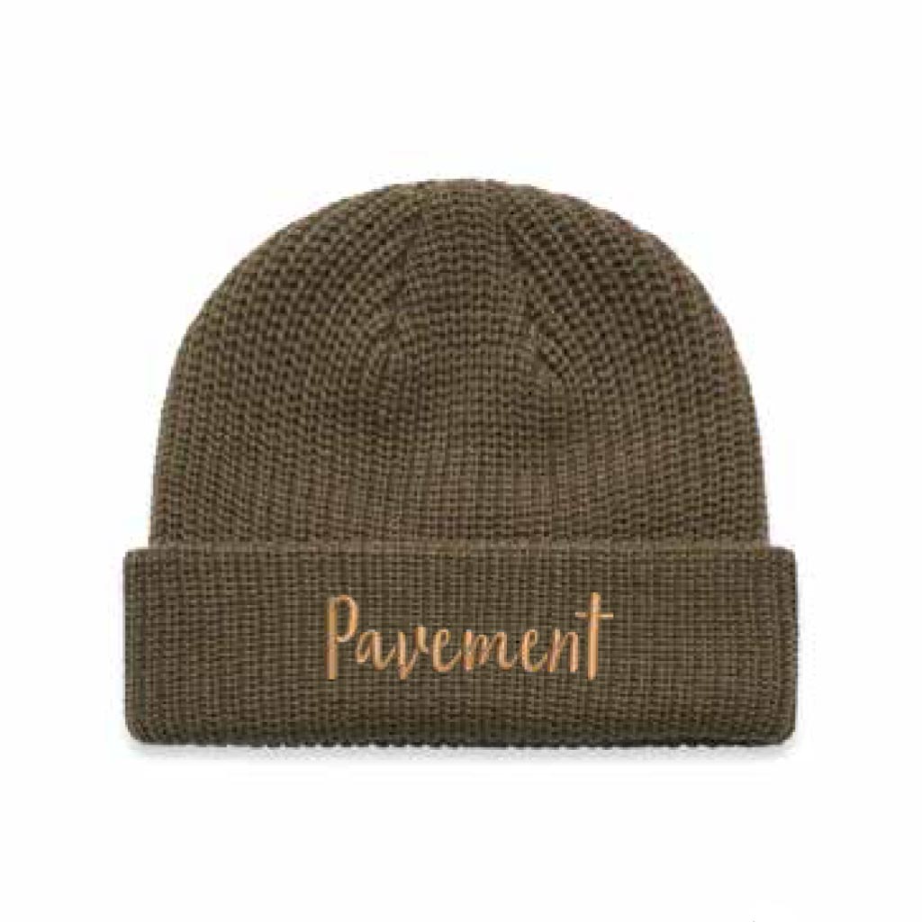 Pavement Script Beanie - Walnut. Wide, ribbed knitFitted, fisherman style. Mid weight. 100% acrylic. One size fits all. Shop Pavement clothing and headwear online and instore. Free, fast NZ shipping over $100. Same day delivery Dunedin available. Afterpay and Laybuy. Pavement skate store, Ōtepoti.