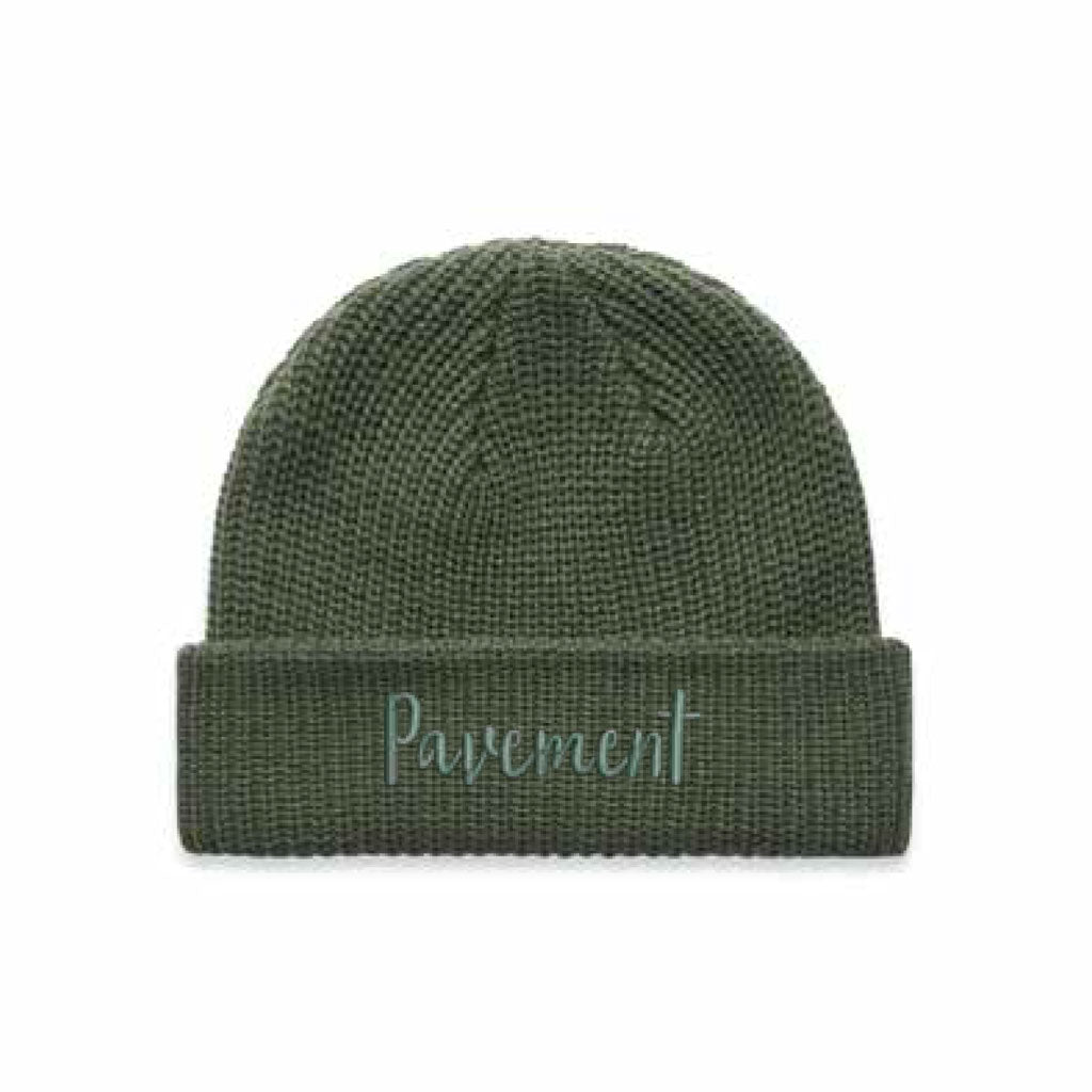 Pavement Script Beanie - Cypress. Wide, ribbed knitFitted, fisherman style. Mid weight. 100% acrylic. One size fits all. Shop Pavement clothing and headwear online and instore. Free, fast NZ shipping over $100. Same day delivery Dunedin available. Afterpay and Laybuy. Pavement skate store, Ōtepoti.