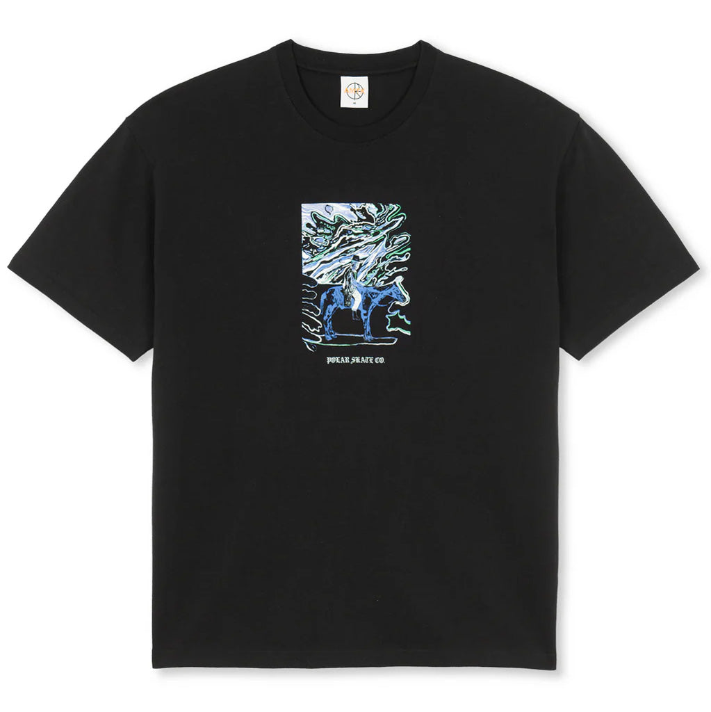 Polar Rider Tee - Black.  100% Cotton. Pre-washed Jersey Fabric. 240 gsm. Screen Print. Artwork by AMTK. Regular Fit. Made in Portugal. Shop Polar Skate Co. online with Pavement skate store. Free NZ shipping over $150 - Same day Dunedin delivery - Easy returns.