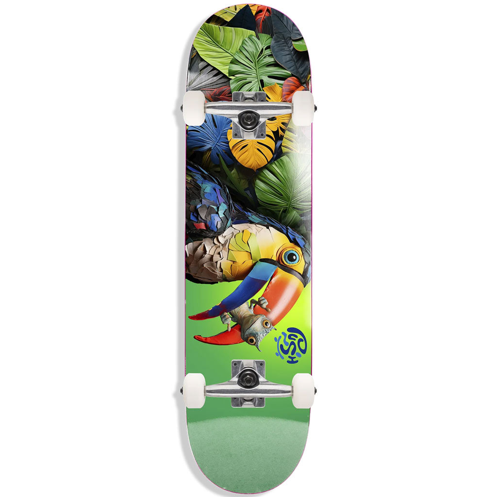 Skateboard with a colorful parrot design on a white background | Push Toucan First Push Complete Skateboard Green 8.0" | Free Aotearoa NZ shipping when you buy your Push complete online with Pavement Skate Store!