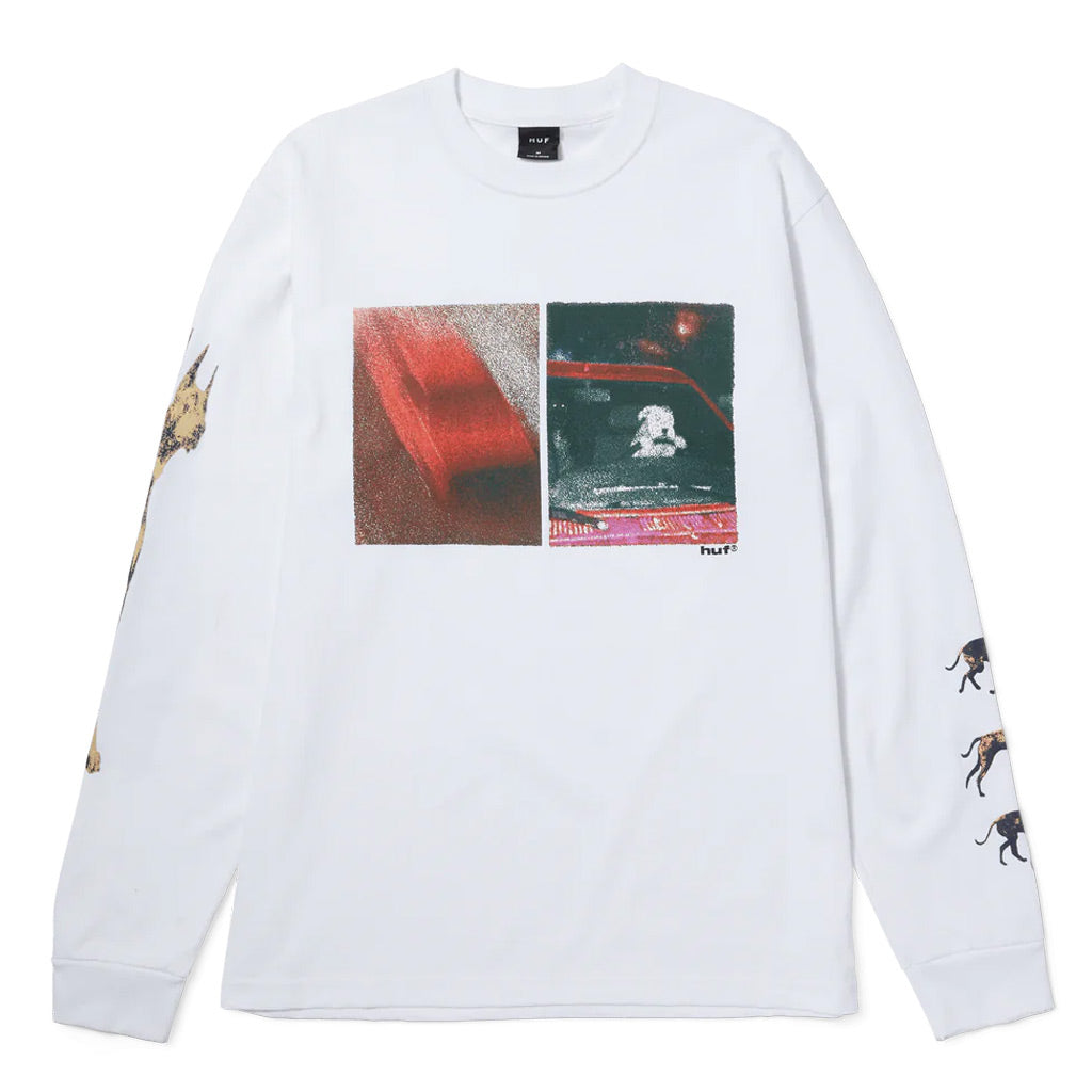 Huf Red Means Go L/S Tee - White. 100% cotton long sleeve tee. Printed artwork at center chest and both sleeves. HUF woven label at interior neck. Shop Huf Worldwide premium streetwear and accessories with Pavement online. Free NZ shipping over $150.