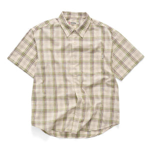 Plaid short-sleeve shirt on a white background | S/Double Channel SS Shirt - White/Green | Free Aotearoa NZ shipping on your S/Double orders over $100* when you shop with Pavement Skate Store!