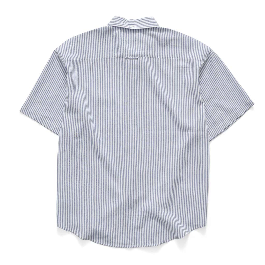 Back view of a short-sleeve striped shirt on a white background | S/Double James Stripe Ss Shirt - Blue Stripe | Free Aotearoa NZ shipping on your S/Double orders over $100* when you shop with Pavement Skate Store!