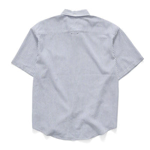 Back view of a short-sleeve striped shirt on a white background | S/Double James Stripe Ss Shirt - Blue Stripe | Free Aotearoa NZ shipping on your S/Double orders over $100* when you shop with Pavement Skate Store!
