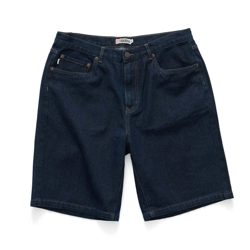 Dark blue denim shorts on a white background
S/Double Emb 5 Pocket Short in One Rinse | Free Aotearoa NZ shipping on your S/Double orders over $100* when you shop with Pavement Skate Store!